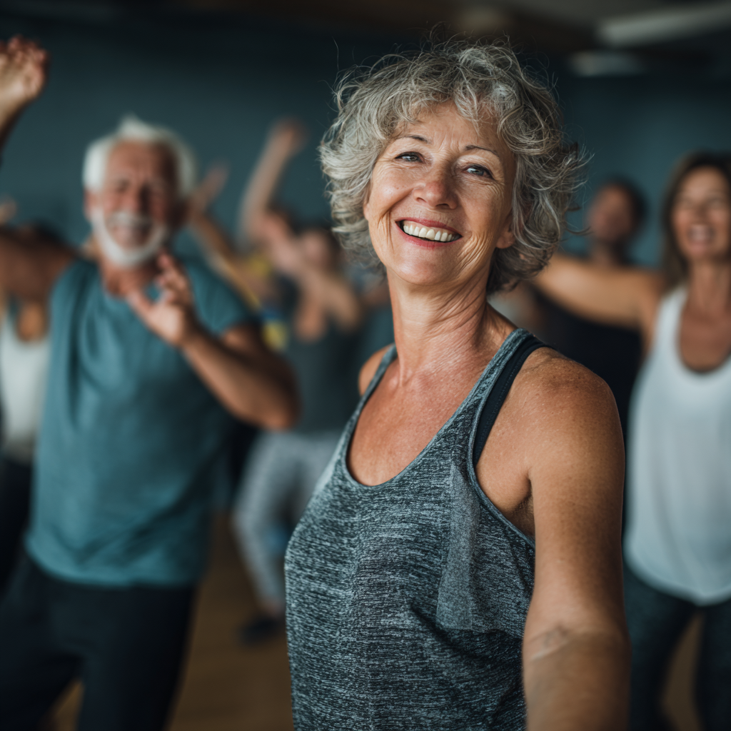 Middle-aged adults enjoying group fitness activities and celebrating healthy lifestyle achievements